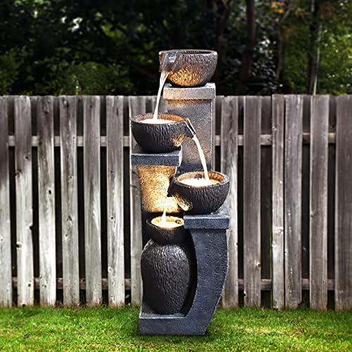 37.4”H Water Fountain Outdoor 4- Crocks Modern Garden Fountains LED Lighted Floor Fountain Natural Polyresin Decor for Garden , Patio, Backyard Ard and Home Art DéCor