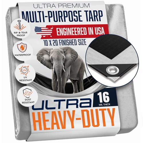 10x20 Ultra Heavy Duty Tarp, Extra Thick 16 Mil, Maximum Durability, Tear & Fade Resistant, UV Treated, Grommets Every 18 Inches - (Reversible, Silver and Black) (10' x 20 Feet')