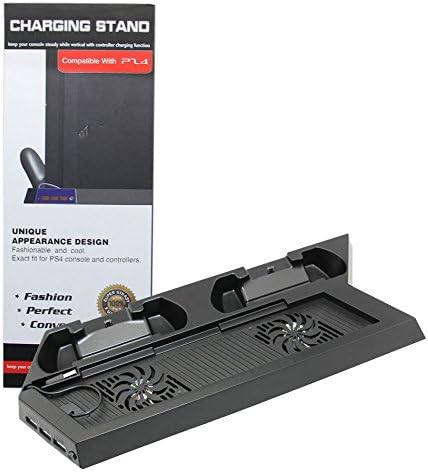 PS4 Vertical Stand with Cooler Fan Dual Charging Dock USB Hub Multifunction Stand for PS4 Console and Controllers (PS4 Fat)