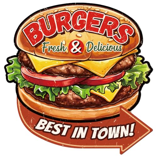 WADORN Burgers Vintage Metal Tin Signs Diner Burgers Decor Retro