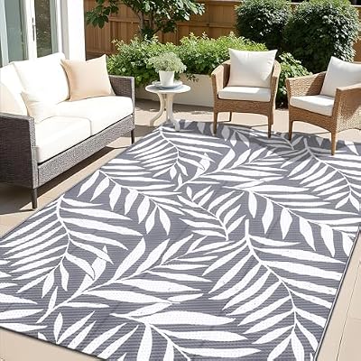 OLANLY Waterproof Outdoor Rug 5x8 ft, Reversible Outdoor Plastic Straw Rug with Leaf Pattern, RV Mat, Indoor Outdoor Carpet for Patio, Camping, Balcony, Deck, Backyard, Grey & White