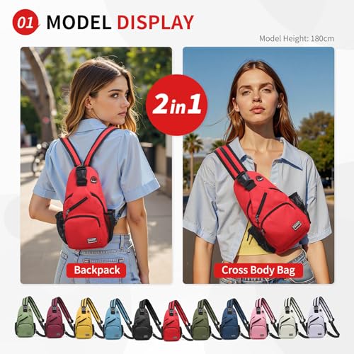 Image of Convertible Sling Bags for Women Men, Lightweight Crossbody Backpack Daypack Fit for 7.9 inch Tablet for Casual Travel Sport Hiking (Red)