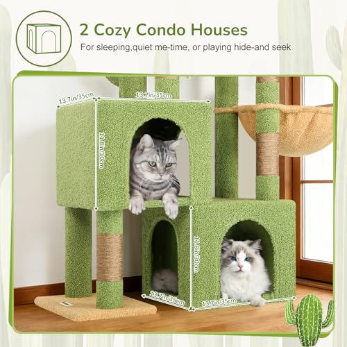 Image of Globlazer 52in Cactus Cat Tree Tower for Indoor Cats, 2 Condos, S52, Green | Multi-Level Plush House, 5 Sisal Scratching Posts, 2 Padded Top Perches, Big Metal Basket, Stable Enlarged Base