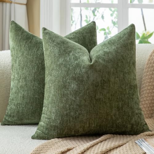 Image of Mandioo Chenille Olive Green Cushion Covers 50x50cm 20x20 Inch Set of 2, Decorative Soft Thick Couch Pillow Covers Solid Accent Farmhouse Neutral Throw Pillow Cases for Sofa Bed Living Room
