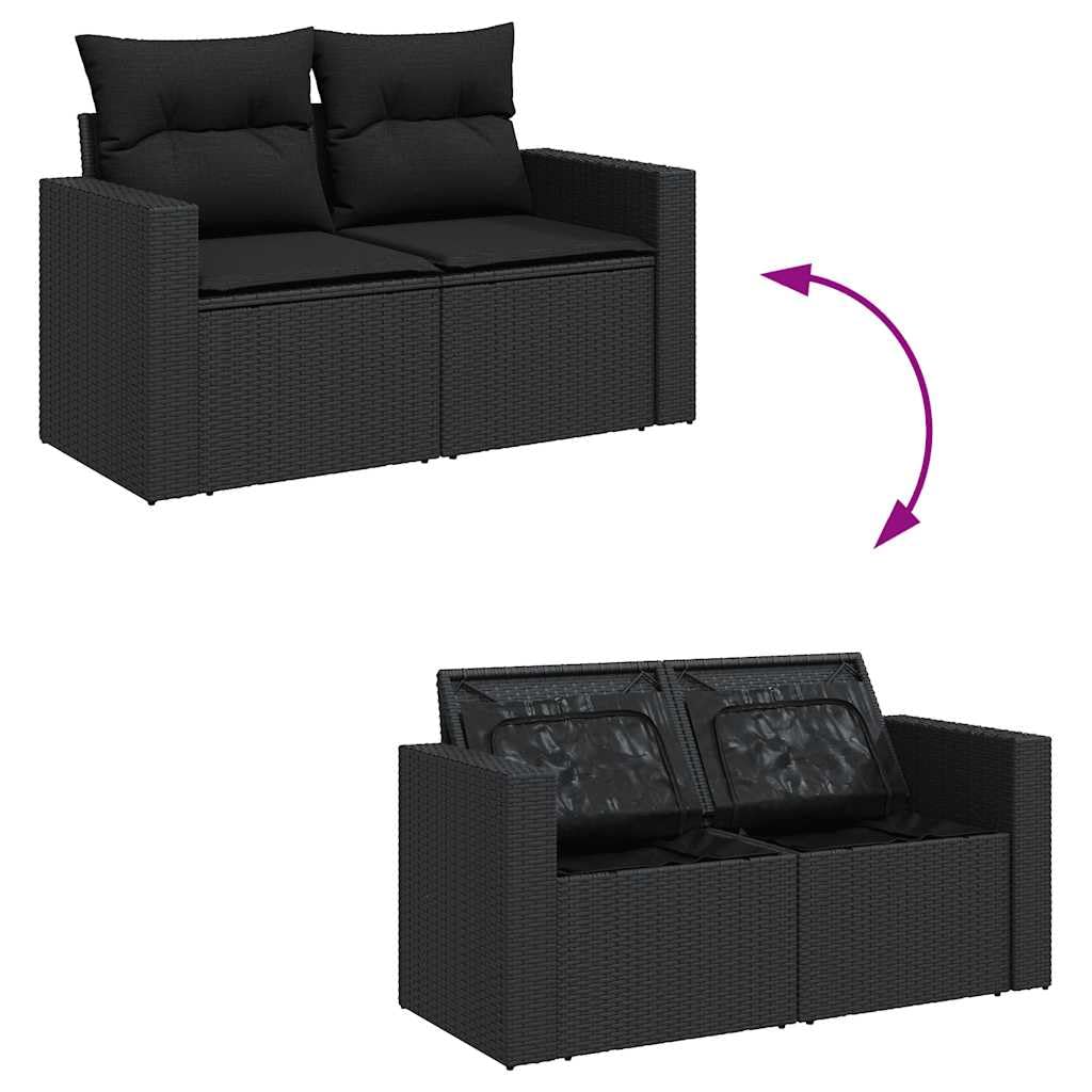 Juego de sofá modular de ratán sintético para jardín con espacio de almacenamiento y fundas de almohada extraíbles, 11 piezas, color negro