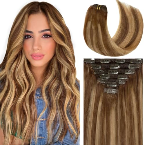Caliee Balayage Chocolate Brown and Caramel Blonde with Brown Roots 18inch Clip in Hair Extensions Human Hair Silky Straight 120 gram Double Weft Lace Clip in Hair