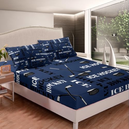 Feelyou Boys Ice Hockey Bed Sheets Full Size Sports Hockey Pucks Print Sheets Set for Kids Teens Girls Ball Gamer Decorations Bedding Set Blue Fitted Sheet Set Bedroom All Season 2 Pillowcases - Image 6