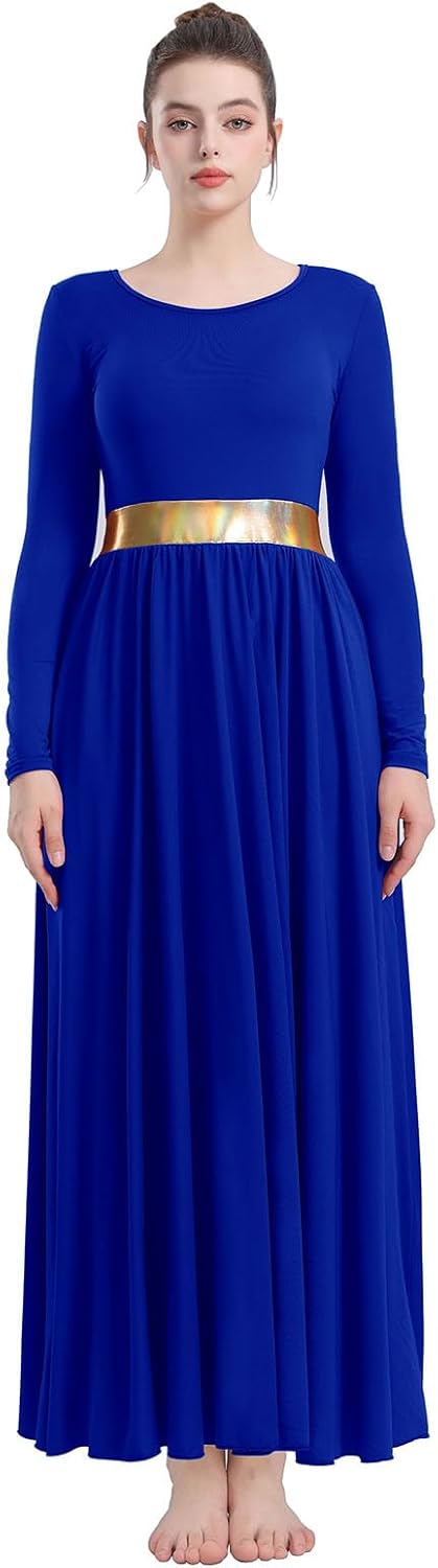 Women Long Sleeve Praise Dance Dress V-Neck Liturgical Worship Dance Costumes Swing Lyrical Dancewear