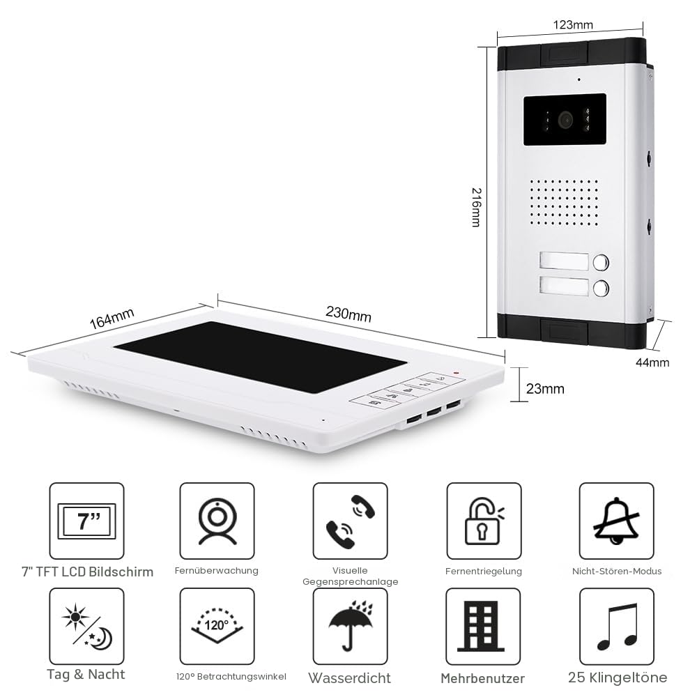 7-Zoll Video Türsprechanlage 2-Familienhaus, 4-Draht Gegensprechanlage, 1 Außenkamera und 2x 7 Zoll Monitor, Türsprechanlage mit Kamera, Zwei-Wege-Audio, Nachtsicht, 25 Klingeltöne