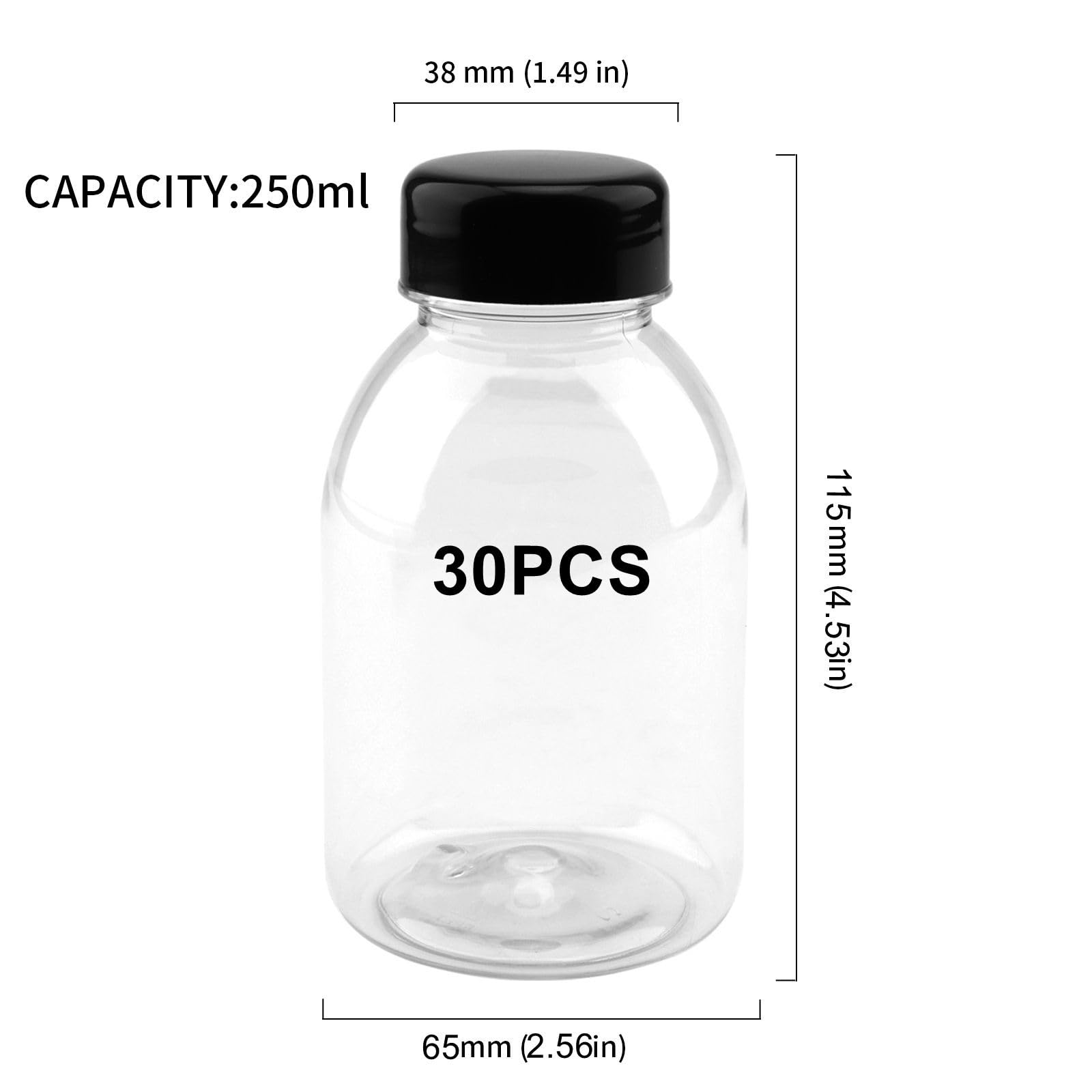 Confezione da 30 contenitori trasparenti riutilizzabili da 250 ml per succhi, latte e altre bevande, in plastica trasparente con coperchio nero, bottiglie vuote per succhi di frutta in PET