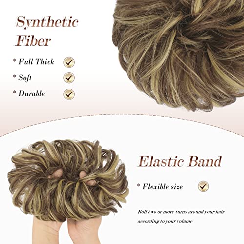 Feshfen Messy Bun Hair Piece Hair Bun Scrunchies Hairpieces For Women Synthetic Wavy Curly Chignon Ponytail Hair Extensions Thick Updo Hairpiece For Daily Wear 1Pcs, Blonde & Medium Brown #TOP3