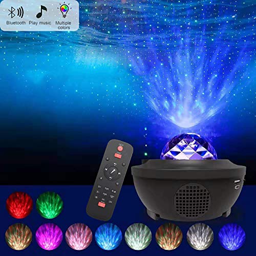 Preisvergleich Produktbild LED Sternenhimmel Projektor, Ferngesteuerte Nachtlichter, Rotierende Starry Stern Mond / Wasserwellen-Welleneffekt, Farbwechsel Musikspieler mit Bluetooth & Timer, für Party