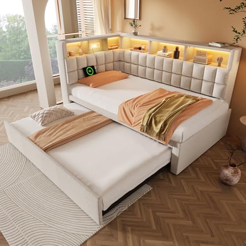 Oxtao Cama tapizada de 90 x 200 cm, cama de día con cama nido, sofá cama con LED y puerto de carga USB y tipo C, altavoz Bluetooth, cabecero en L con estante de almacenamiento, lino, sin colchón (beis