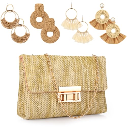 Image of Dansydaisy 5 Pack Striped Straw Clutch Purse Crossbody Vacation Handbag Woven Rattan Dangle Earrings for Women (Beige,Square Buckle)