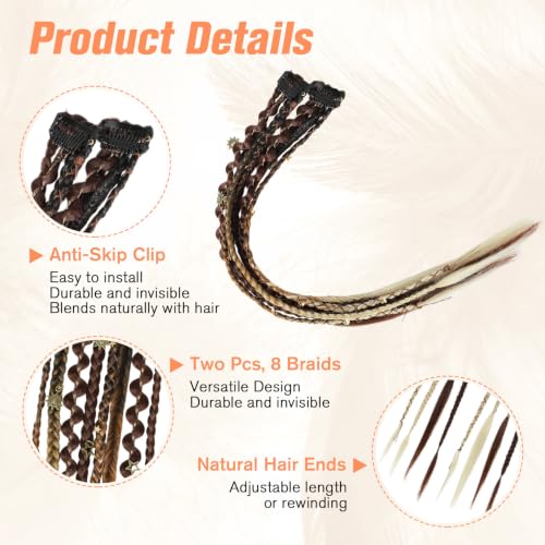 BOGSEA 2PCS Clip in Braids Hair Extensions, Boho Dreadlock Brown to Blonde — view 3