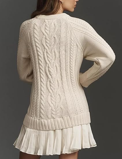 Women Crewneck Cable Knit Sweater Mini Dress，Cable Long Sleeve Pleated Mini Dress Twofer Style Patchwork Dress3