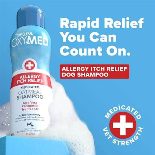 Image of TropiClean OxyMed Dog Shampoo for Allergies and Itching, Gentle Moisturizing Oatmeal & Aloe Shampoo for Seasonal Allergies & Skin Irritants, 20oz