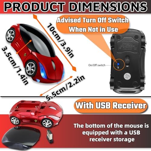 HuGuWdy Cute Mouse Wireless Red，2.4G with USB Reciver 1600DPI Car Mouse for Computer Wireless USB for Laptop Computer Tablet for Windows for Mac OS for Her for Christmas（Red） — view 2