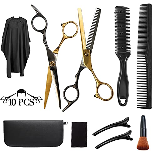 Electomania Hair Cutting Scissors Kits, Hairdressing Scissors Kit, Stainless Steel Thinning Scissors Hair Cutting Shears Set for Salon/Home/Men/Women/Kids/Adults Shear Sets (10 Pcs, Black/Glod)