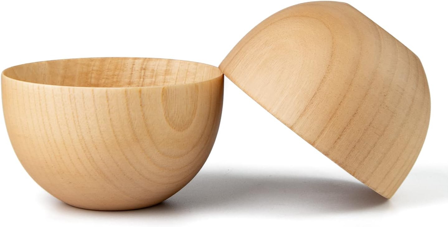 Naturoom Handmade Wooden Cereal Bowls, Set of 2, Zen Style Rice & Miso Soup Bowls, Small Salad bowl, Perfect For Snack, Nuts, Candy, Fruit and noddle, 5'' Diam x 3'' High Craft Decorative Bowl