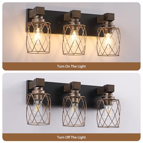 Image of 3-Light Black Gold Farmhouse Vanity Light, Wood & Metal Cage Shade | Mounted Over Mirror, Industrial Rustic Style, Ideal for Bathroom, Bedroom, Hallway & Living Room, Easy To Install