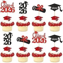 Ercadio 48 Pack 2026 Graduation Cupcake Toppers Black Red Glitter Grad Cap Diploma Class of 2026 Cupcake Picks University Doctor Graduation Theme Party Cake Decorations Supplies
