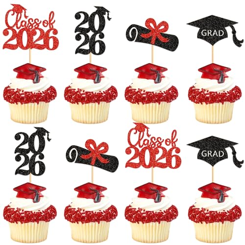 Ercadio 48 Pack 2026 Graduation Cupcake Toppers Black Red Glitter Grad Cap Diploma Class of 2026 Cupcake Picks University Doctor Graduation Theme Party Cake Decorations Supplies