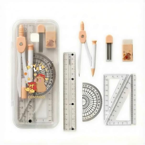Image of FunBlast Capybara Theme Compass Set - 7 Pcs Transparent Geometry Box with Protector, Set Squares, Ruler, Compasses, Ruler Set, Math Geometry Kit for Student & Professional (LightBrown)