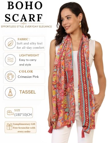 Image of KE KANHA EXPORT Women Scarf|Stole For Women|Scarf For Women Stylish|Stall For Women|Border Print Face Cover Head Wrap|Boho|Beach|Multicolor|180x50cm|Pack Of 1|FREE Scrunchie Included