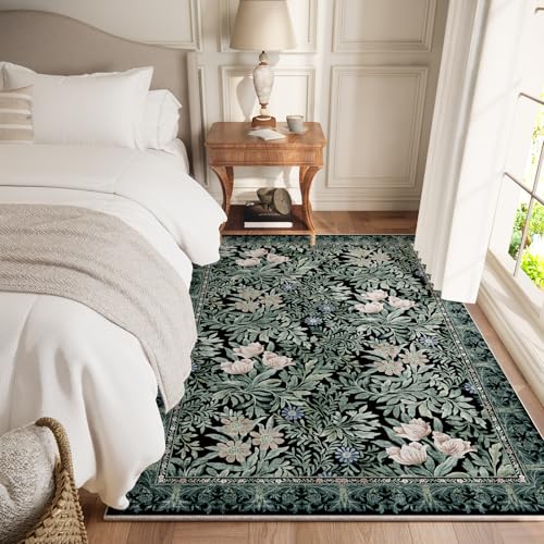 Image of Washable Area Rugs 4x6 Black Green Vintage Floral Botanical Pattern,Perfect for Living Room, Bedroom, Kids Room, Nursery - Stain & Water Resistant Non-Slip, Pet & Child Friendly /Bedroom Decor
