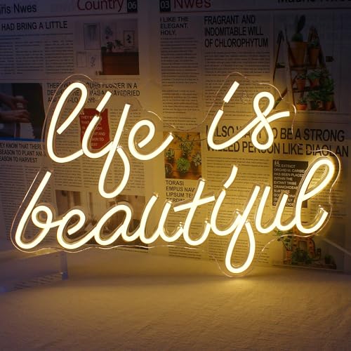 Image of Horseneon Life is Beautiful Neon Signs for Wall Decor, Letter Neon Lights for Bedroom, Led Sign with USB Powered for Livingroom, Wall Hanging Decor, Windows (Warm White)