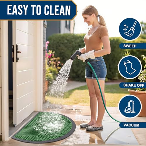 Image of Smiry Half Circle Front Door Mat Outside Entrance, Heavy Duty Sturdy Natural Rubber Doormat, Trap Dirt and Moisture, Low Profile Mats for Indoor Outdoor Entry, Irregular Triangle (29.5x17, Green)