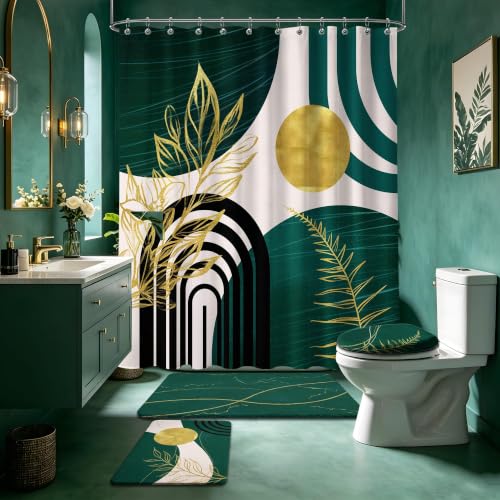 Emerald Green and Gold Shower Curtain Sets with Rugs, Boho Bathroom Decor
