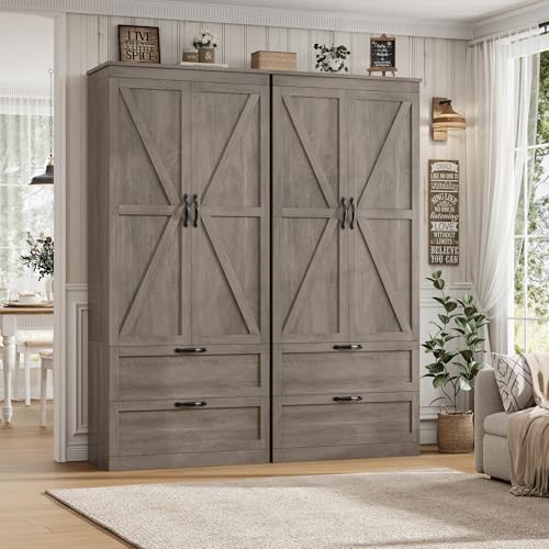 HOSTACK 70" Tall Kitchen Pantry Storage, Barn Doors Pantry Cabinet with Drawers and Adjustable Shelf, Modern Farmhouse Storage Cabinet for Kitchen, Dining Room, Living Room, Bathroom, Ash Grey - Image 3