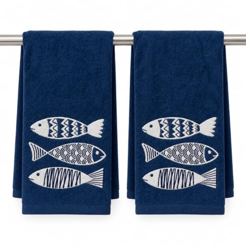 Coastal Guest Hand Bathroom Towels, Navy White Tropical Fish Trio, 16x25"