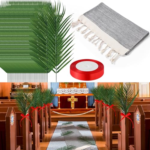 Drydiet 52 Pcs Easter Palm Sunday Artificial Palm Leaves Stems Include 50 Pcs Tropical Faux Leaves 1 Pack Grey Cotton Rugs 1 Pack Red Ribbon Sunday Home Arrangement Theme Luau Jungle Wedding Party
