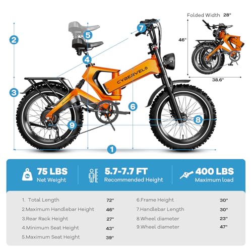 Cybervelo 1000W(Peak 2000W) Folding Electric Bike for Adults,35MPH 100Mile,48V 25Ah Removable Battery,20" x 4.0 Fat Tire Foldable Electric Bicycle,8-Speed Electric Mountain E-Bike, Commuter Ebikes - Image 7