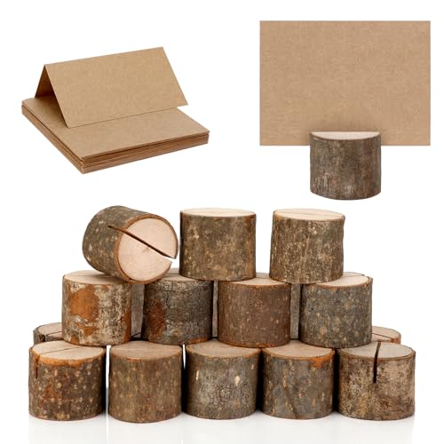 Zikenis 40 Stück Kartenhalter Holz, Tischkartenhalter mit Kraft Papier Karten, Fotohalter, Kartenständer, Postkartenhalter Menükartenhalter, für Hochzeit, Restaurant, Party, Foto, Memo