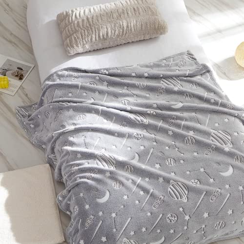 Glow In The Dark Blanket For Kids Twin Size 60X80 Inches,Glowing Blanket With Galaxy Planet Pattern For Bed Sofa Couch,Baby Soft And Cozy Warm Fluffy Blankets,Unique Gifts For Boys Girls And Grandkids #TOP2