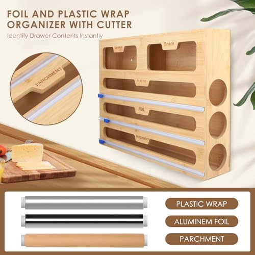 Bamboo 40 cm rotolo da cucina pellicola trasparente e organizer in alluminio – dispenser 5 in 1 taglierina per cassetto