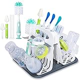 High Capacity Drying Rack with 6pcs Brushes,Deluxe Countertop Drying Rack,Universal Drying Station,Baby Bottle Drying Rack with Bottle Brushes,Cup and Bottle Drying Rack, Folds Flat,White