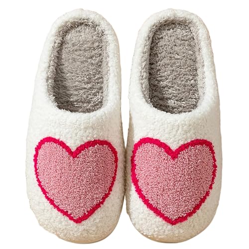 Image of Women's Men's Cute Fuzzy Heart Slippers Memory Foam Fluffy Couple Slippers Cozy House Indoor Outdoor Shoes