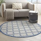 Nourison Home Garden Party Ivory Blue 5'3" x Round Area Rug, Traditional, Trellis, Bed Room, Living Room, Dining Room, Kitchen, Easy Clean, Non Shedding, (5' Round)