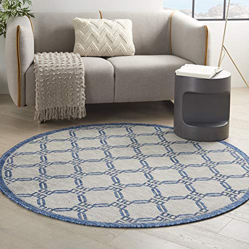 Nourison Home Garden Party Ivory Blue 5'3" x Round Area Rug, Traditional, Trellis, Bed Room, Living Room, Dining Room, Kitchen, Easy Clean, Non Shedding, (5' Round)