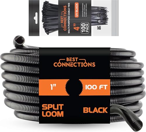 BEST CONNECTIONS 100 Ft – 1 Diameter Split Wire Loom Flex-Guard Convoluted Tubing with 100 Pcs 4 Nylon Cable Zip Ties Protective Split Cable Sleeves for Automotive Home Electrical Wires Black