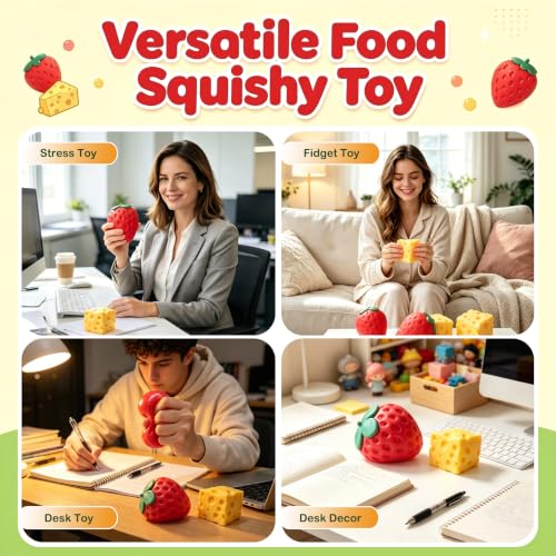 2Pcs Big Strawberry Squishy Small Cheese Squishy Pack Cute Squeeze Toy Set Slow Rise Food Fruit Squishies Dough Stress Ball Fidget Toys Adults Calming Desk Toys Stress Relief Gifts for Women Men Teens - Image 6