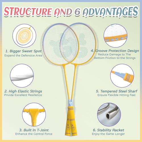 Badminton Rackets Set of 4 for Outdoor Backyard Games,Including 4 Rackets, 6 Nylon Shuttlecocks, 4 Replacement Grip Tapes and 1 Carrying Bag, Lightweight Badminton Racquets for Kids Adults Beginners - Thumbnail 3