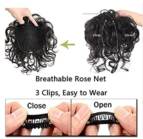 Curto Curly Real Cabelo Humano Topper com Frente Bangs para Mulheres, Toupee Clip em Top Peças de Ca