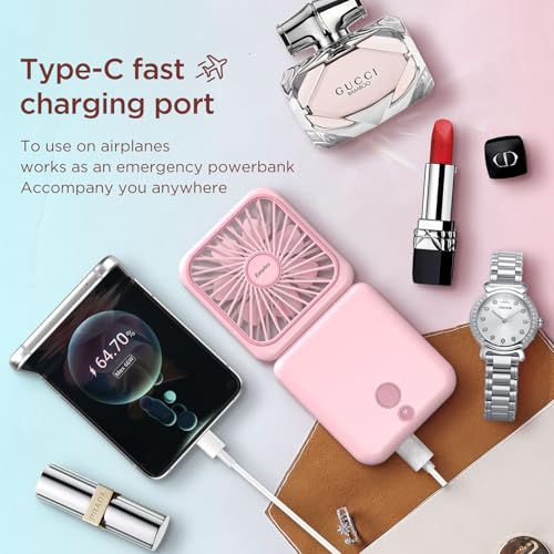 EasyAcc Tischventilator Batteriebetriebener 5000mAh mit Umhängeband,32 Std Tragbarer Ventilator mit Spiegel, 5-Gang-wiederaufladbarer persönlicher Nackenventilator, Powerbank mit Telefonhalterung-Rosa