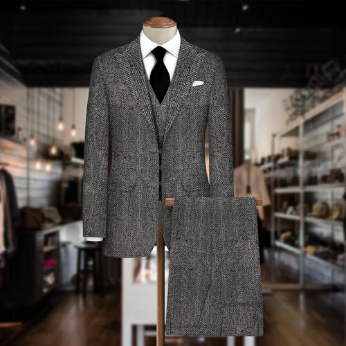 Image of BIGREAMS Unstitched Black Grey Herringbone Wool Blazer Yarn-Dyed Fabric for Three Piece Suit | 58 inch Wide, Wrinkle Free, Best for Coat Pant, Nehru Jacket,Free Size (5 Meter for AS Per Your Use)